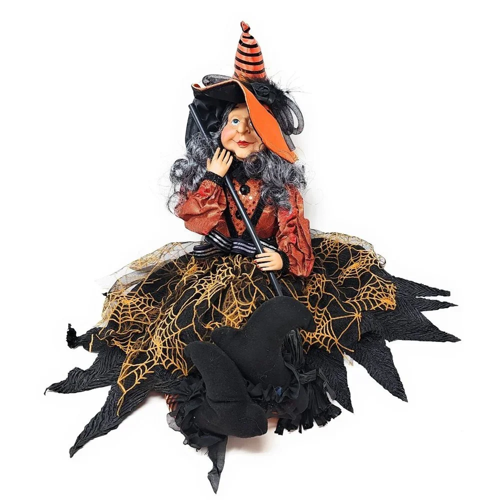 24" Halloween Witch with Spiderweb Skirt and Black Broom, Party Decor Wreath - Picture 6 of 7